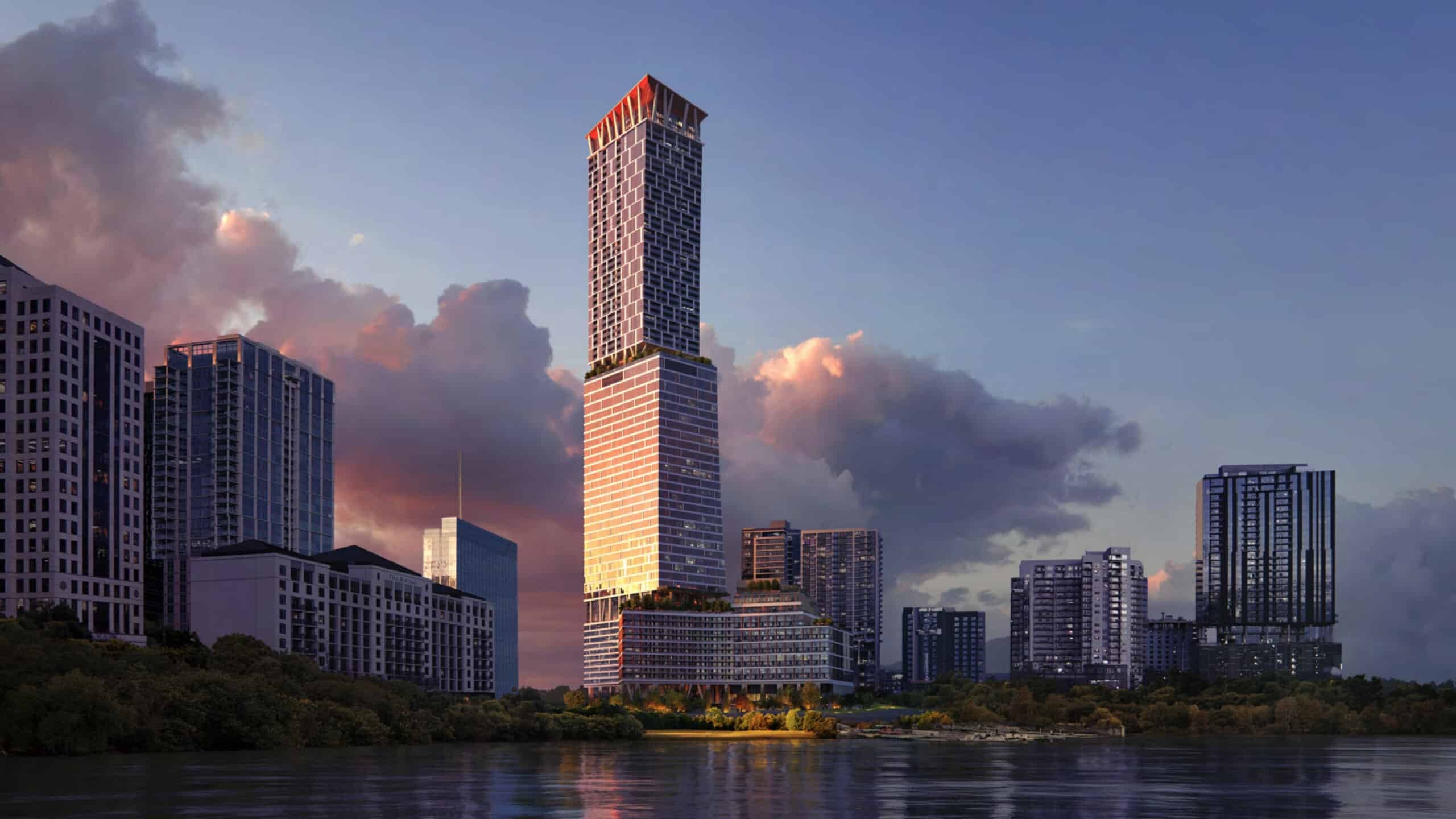 The 74-story Waterline tower, home to 1 Hotel Austin.