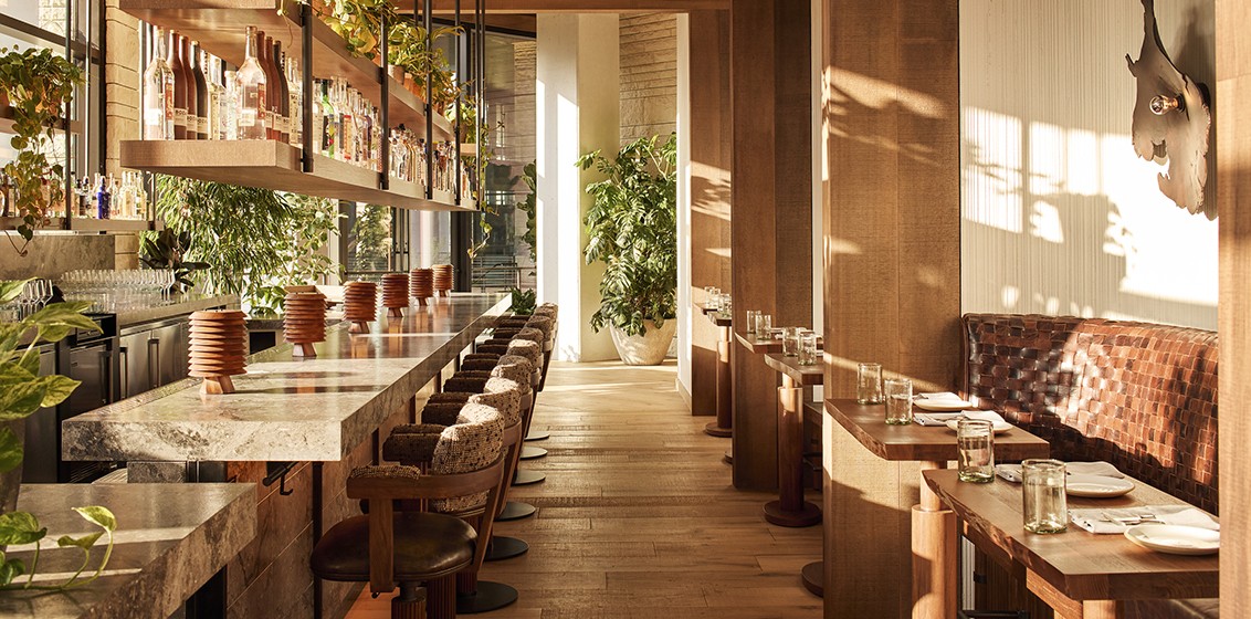 The dining room at Alteño, the fire-driven Jalisco-influenced restaurant at 1 Hotel Austin.