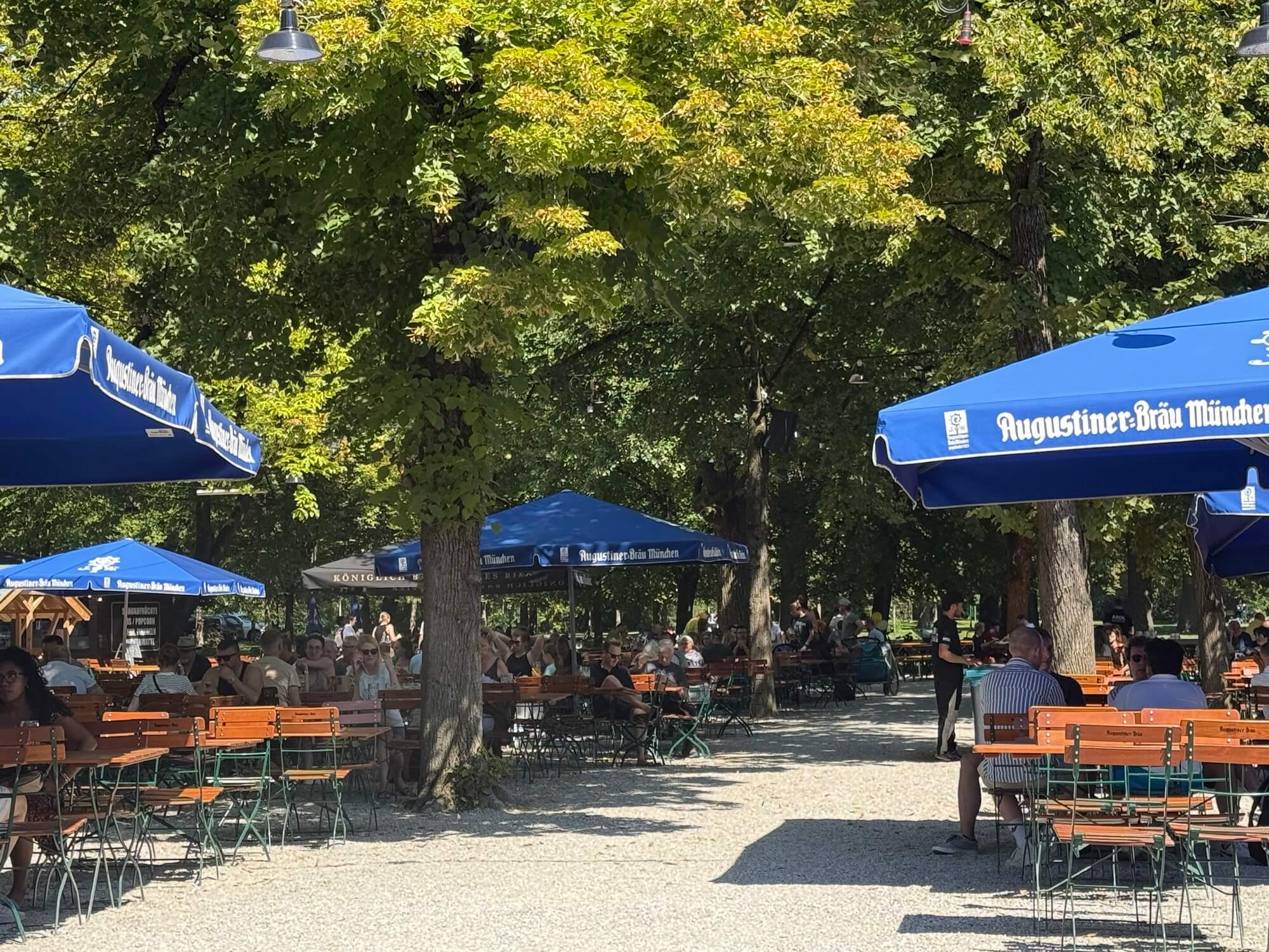 The Königlicher Hirschgarten beer garden in Munich: drinkers under giant chestnut trees with blue Augustiner-Bräu München umbrellas.
