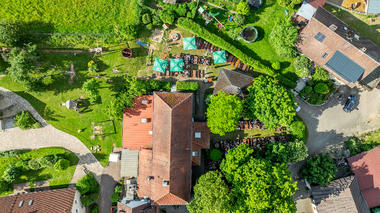 Aerial view of the Brauerei-Gasthof Kundmüller beer garden and farm buildings in Weiher.