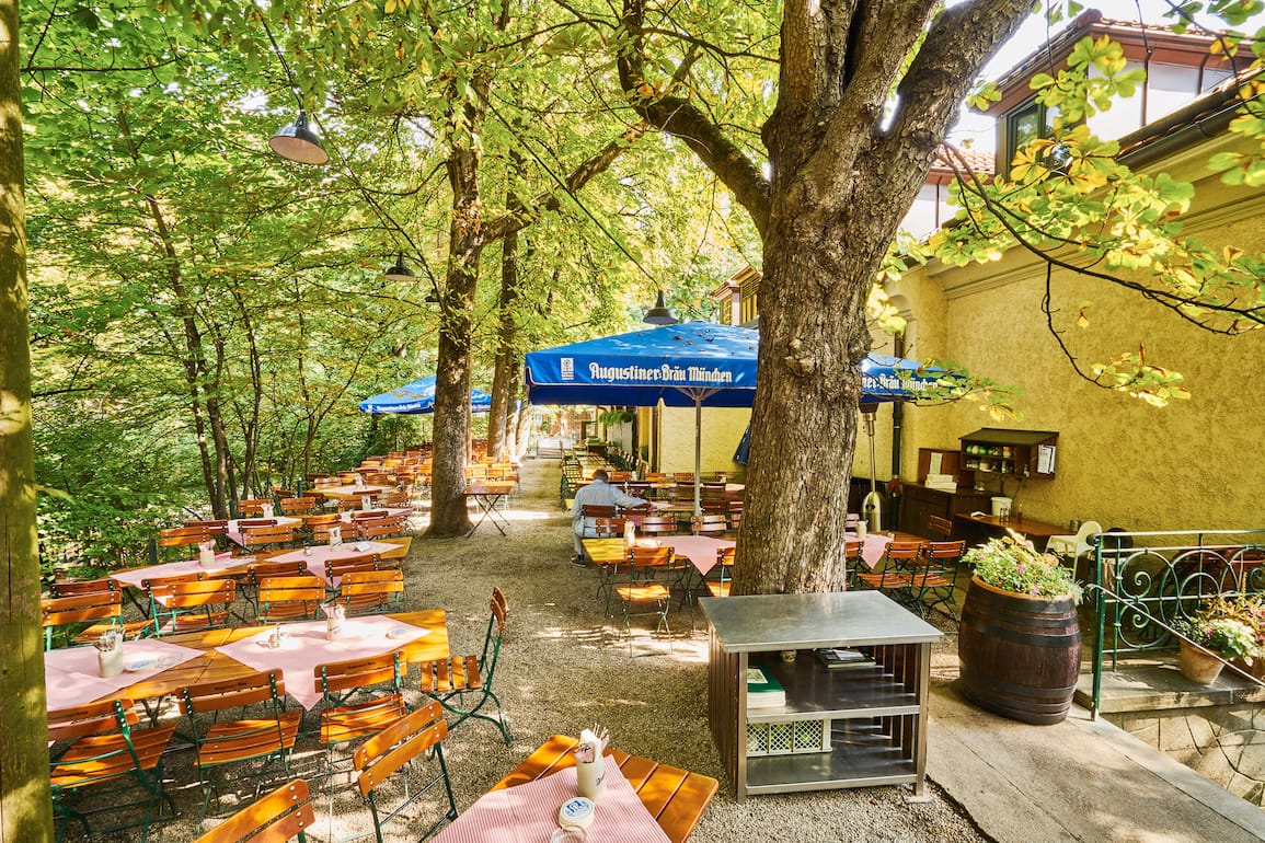 The shady beer garden of Augustiner-Keller in Munich under chestnut trees with Augustiner-Bräu umbrellas and wooden tables.