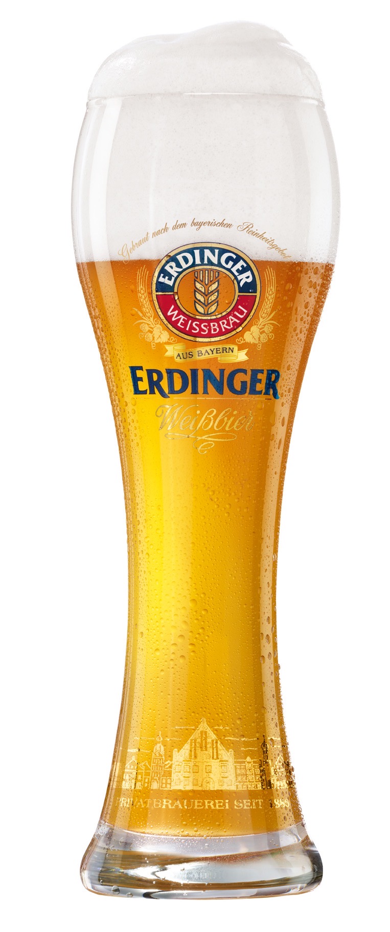 A tall glass of Erdinger Weizenbier with a towering foam head.