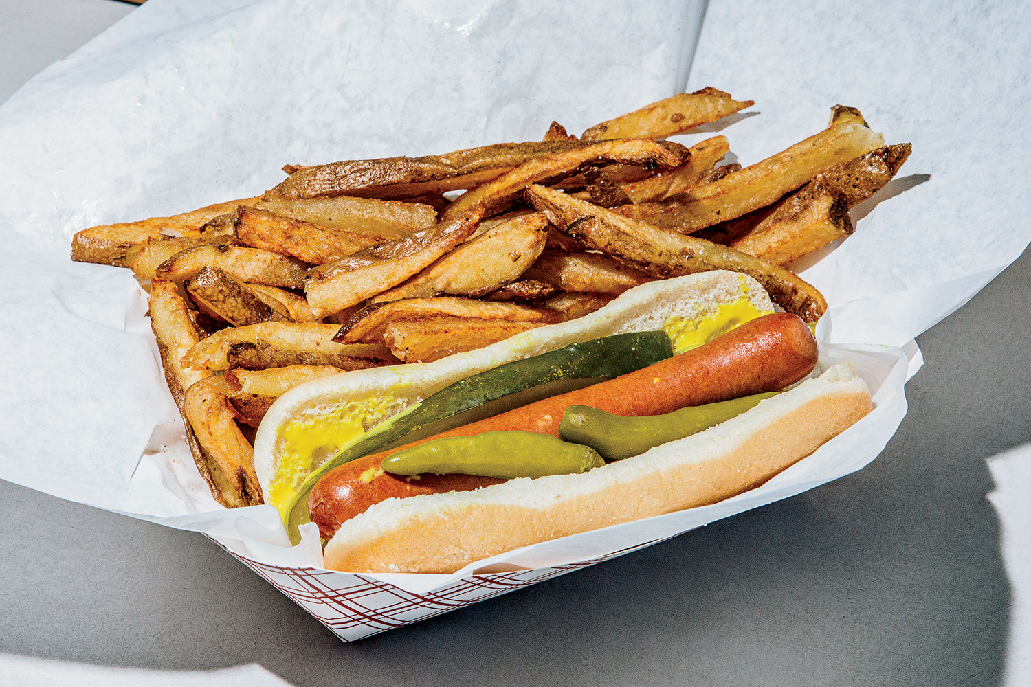 Chicago-style hot dog with fresh-cut fries at Dave's Red Hots, Chicago
