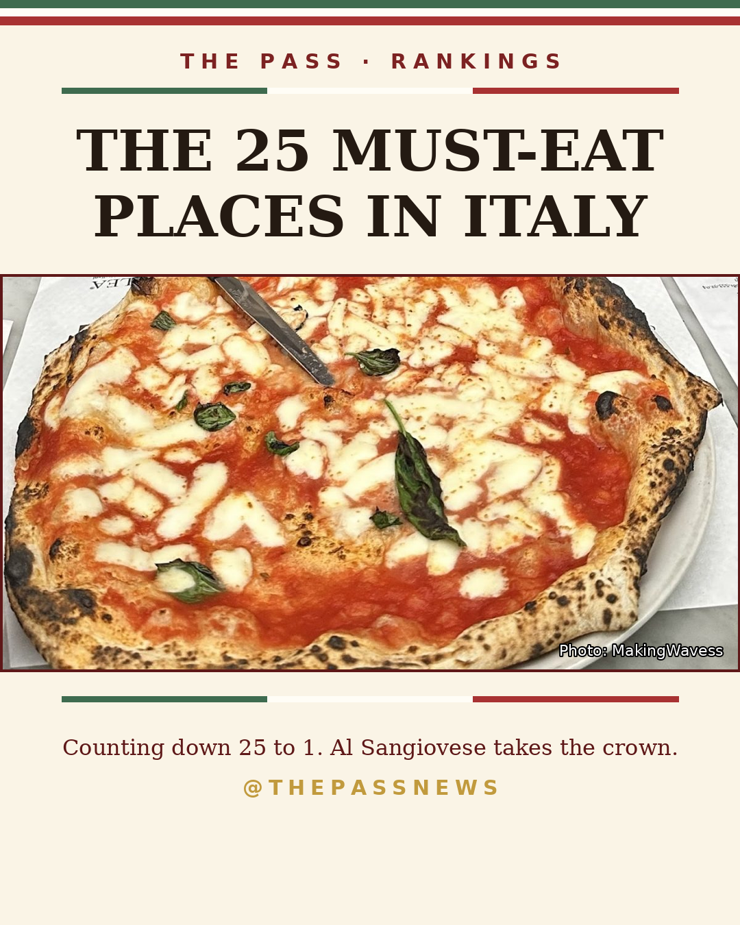 A margherita pizza at Da Michele in Naples, the cover of The Pass ranking of the 25 must-eat places in Italy.