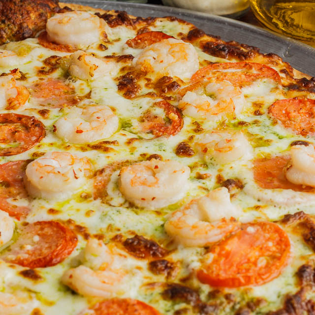 The Shrimp Sophia pizza with Gulf shrimp and Roma tomatoes at Antoni's