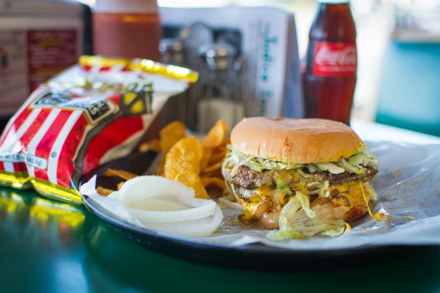 The double cheeseburger with chips at Judice Inn