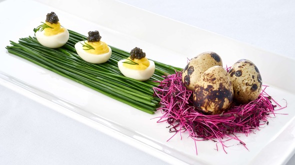 Quail eggs with caviar on chives at The Modern