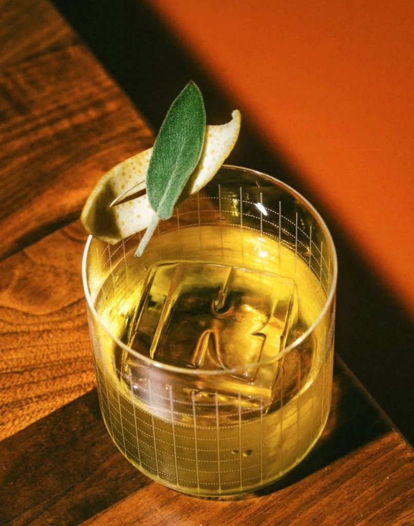 Keepers' white Negroni with the signature K ice cube