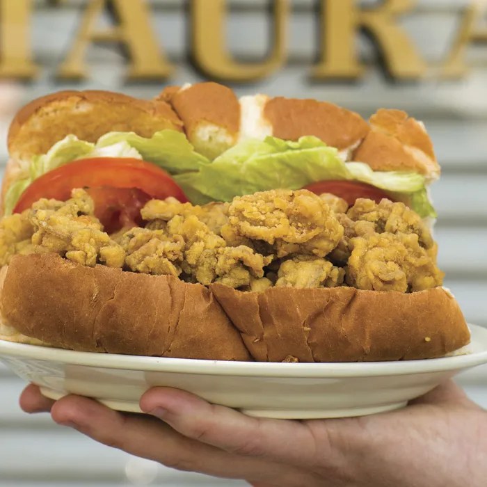 The oyster loaf at Casamento's, a mound of fried oysters on thick buttered white bread.