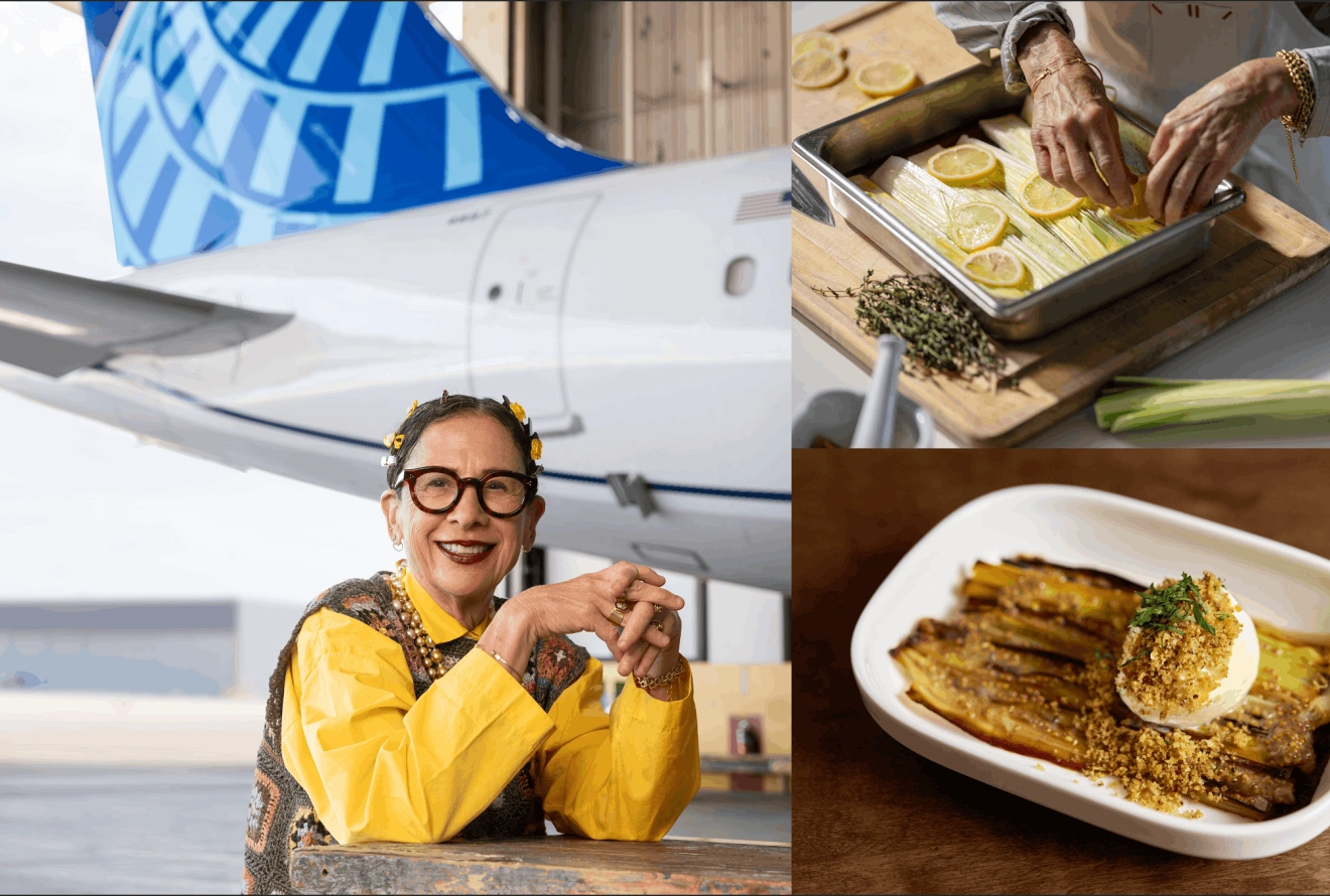 Nancy Silverton with her burrata and braised leeks dish for United's Chef's Table program.