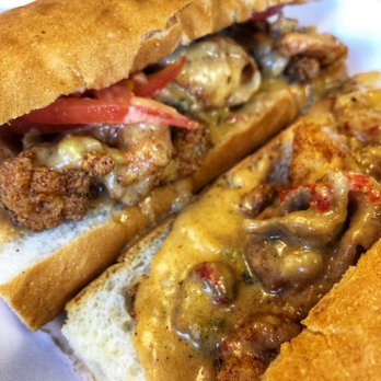 The Who Dat po'boy at NOLA Poboys: fried shrimp smothered in crawfish and shrimp bisque.