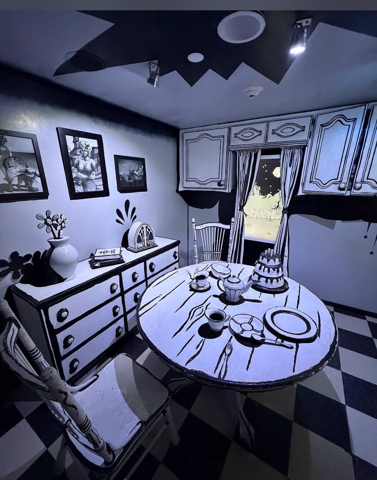 The black-and-white cartoon kitchen inside Meow Wolf's House of Eternal Return