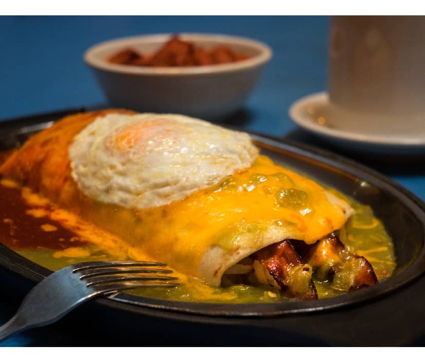 The Christmas-style breakfast burrito with a fried egg at Tia Sophia's in Santa Fe