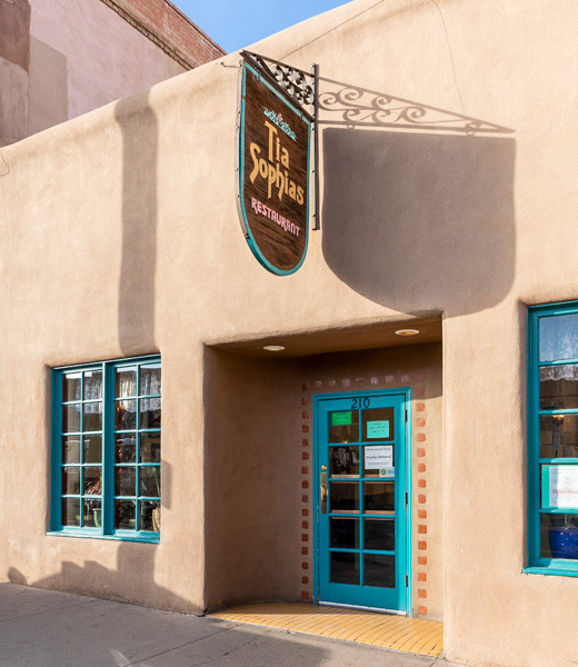 The adobe facade of Tia Sophia's in downtown Santa Fe