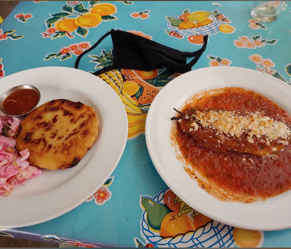 A pupusa with curtido and a chile relleno at Tune-Up Cafe in Santa Fe